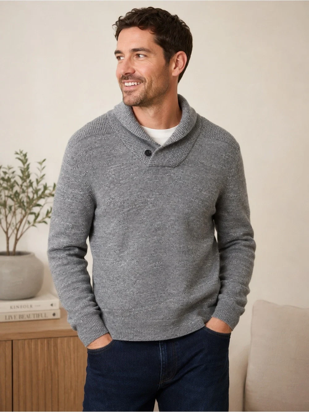 Banana Republic Shawl Collar Knit Sweater Single Button Men L Gray